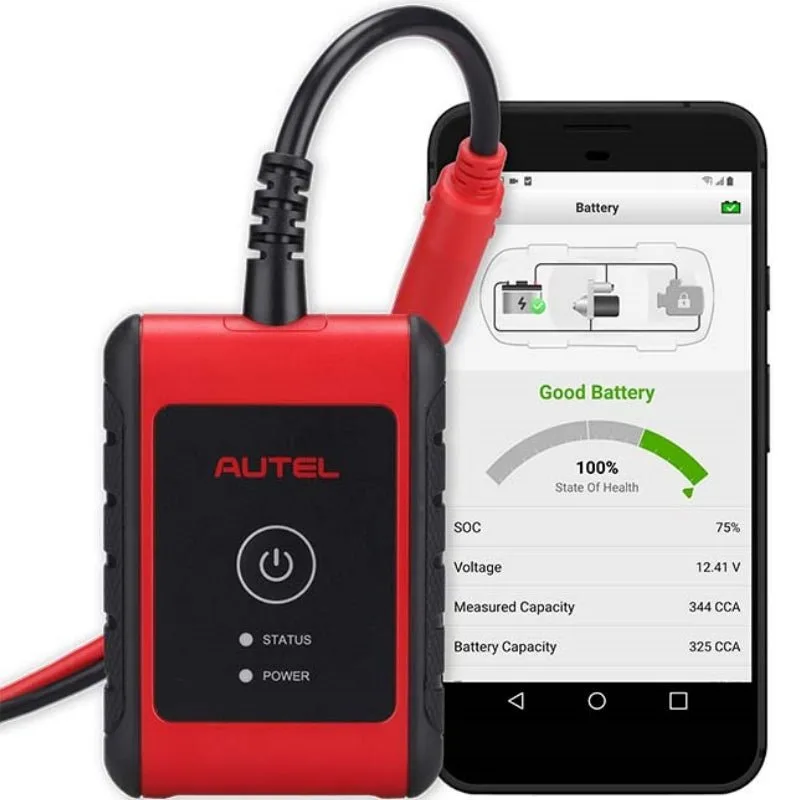 Autel MaxiBAS BT506 battery tester connected to a smartphone showing battery health results
