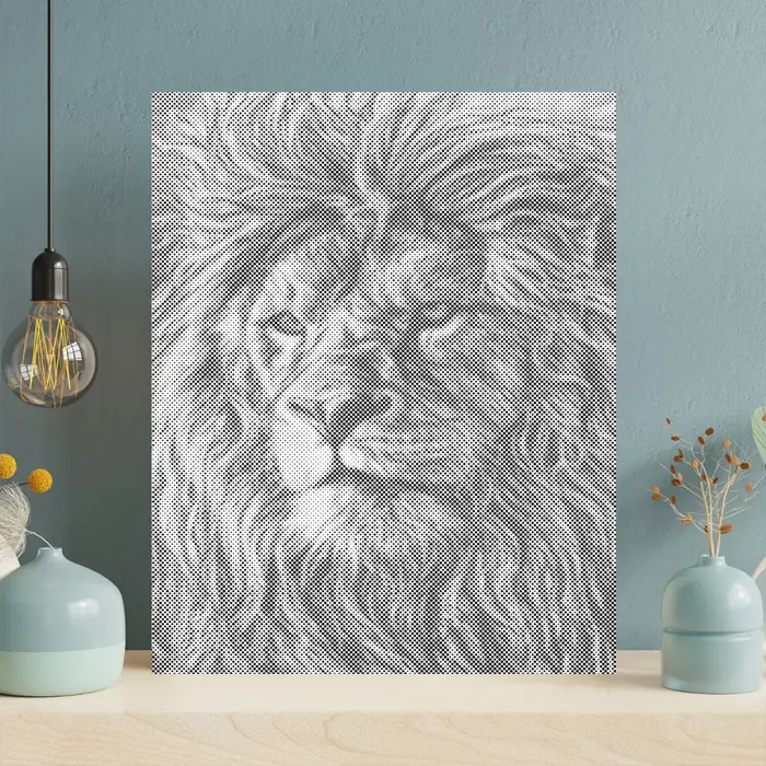 Giant African Lions Dot Painting canvas shown as a halftone dot-pattern design on a shelf