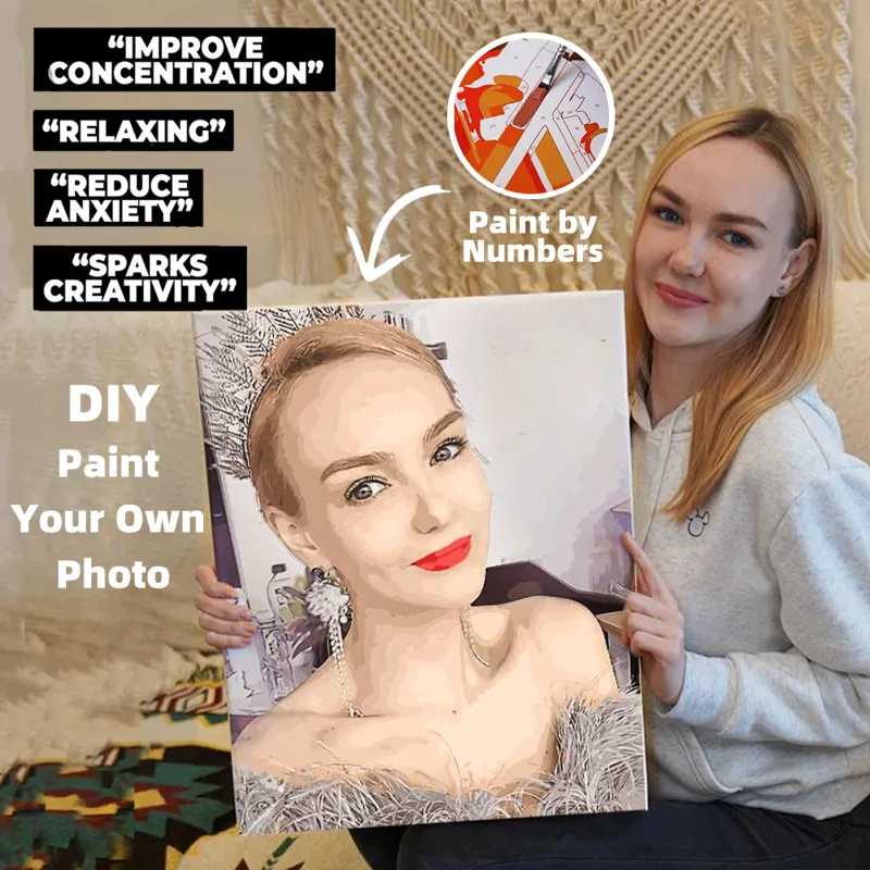 Woman holding a custom paint by numbers canvas made from her own photo
