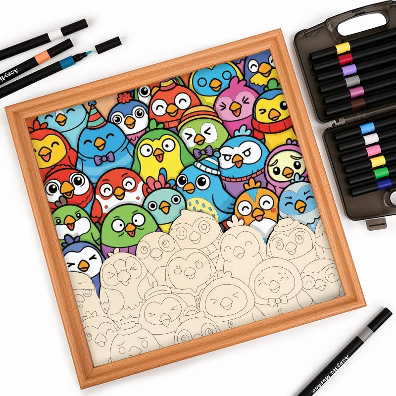 Little Birds wooden coloring puzzle, framed, with coloring markers