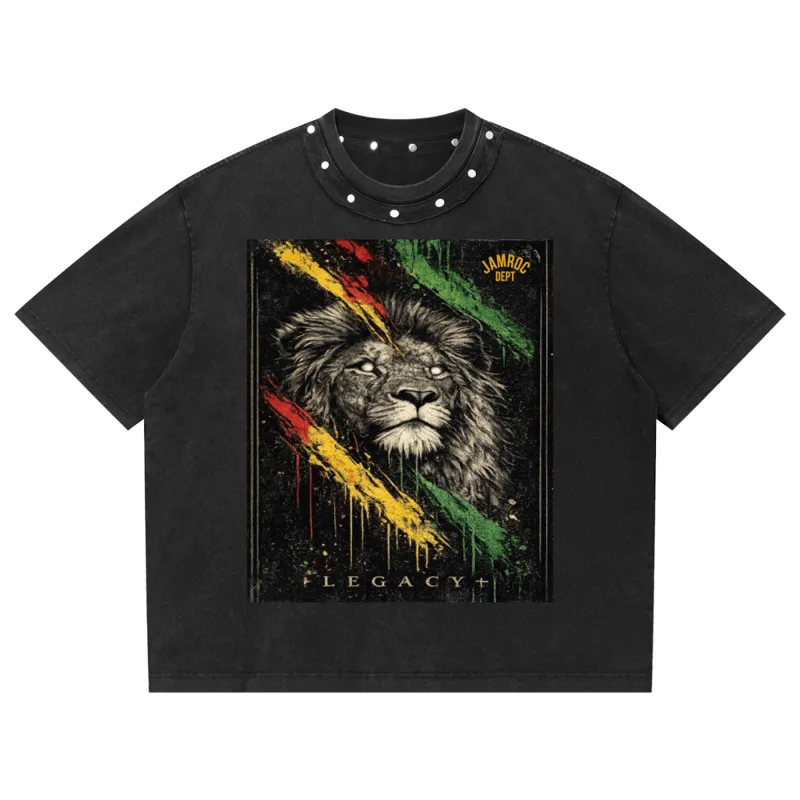 Jamroc Studded Graphic Tee in washed black with dark lion graphic and stud detailing
