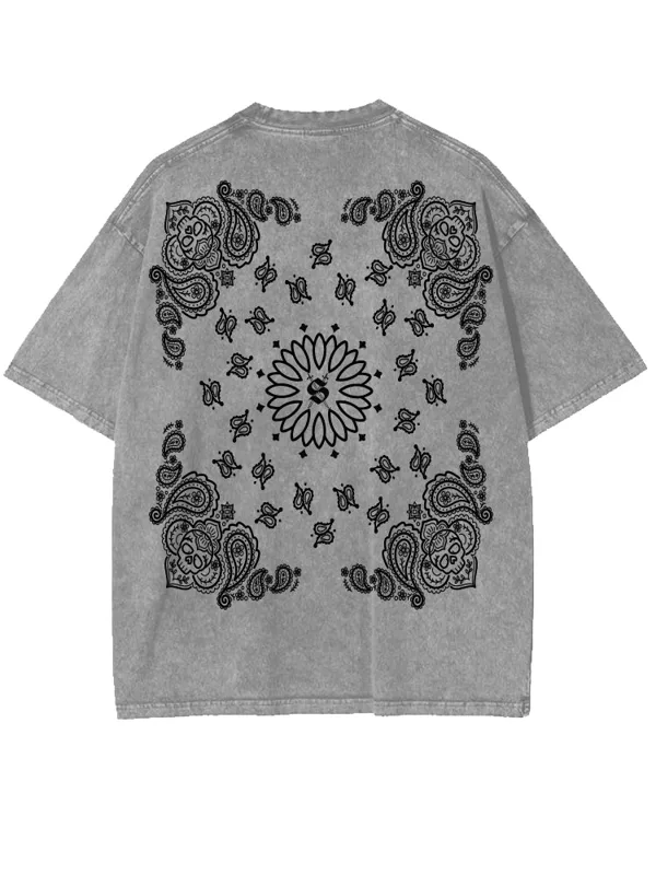 Silva Espadas Calavera Bandana Oversized Tee, back view, grey acid wash with skull bandana print