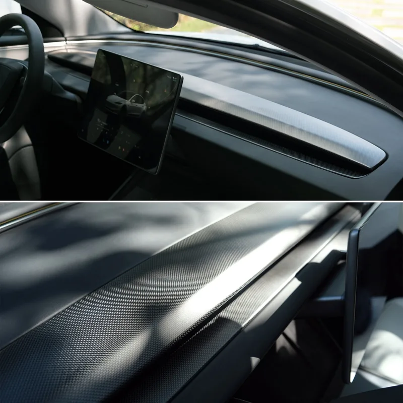 Close-up of TPARTS carbon fiber weave texture on dashboard trim